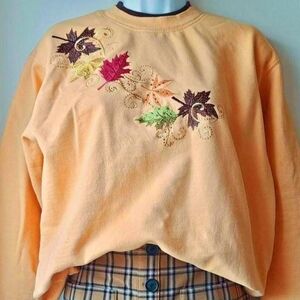 Embroidered Leaf Design Women's Sweatshirt Sweater - Orange/Yellow Autumn